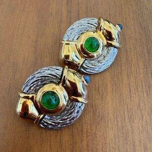 Non Signé Vintage Gold & Silver Cable Jewel Glass Cabochon Clip On Earri…
